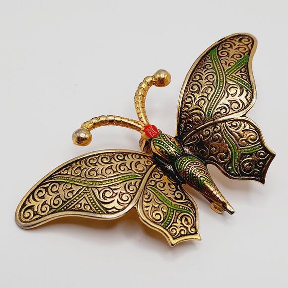 Vintage Damascene Butterfly Brooch, Gold Tone Green Black Red Enamel – 2 ¾” - Picture 6 of 9